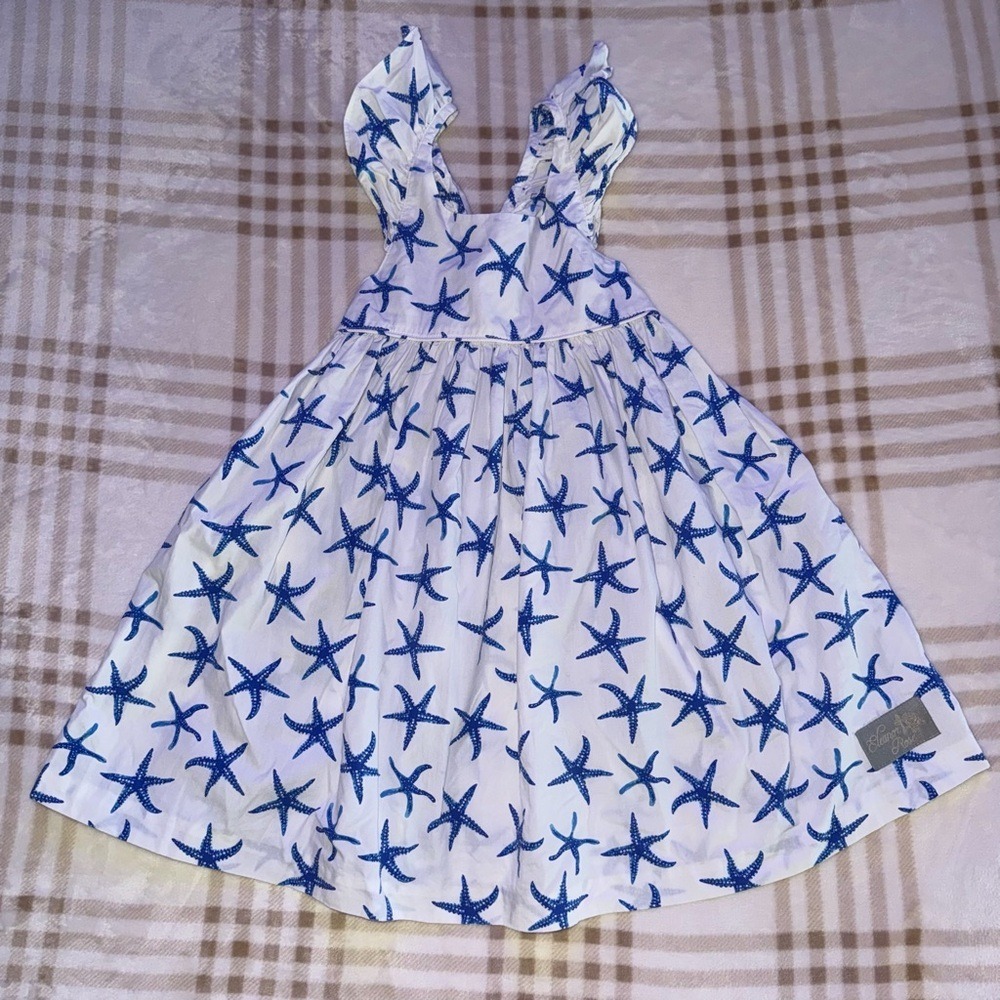 Eleanor Rose Girls Serena Dress Blue Starfish Print Ruffle Tie Back Size 5-6
